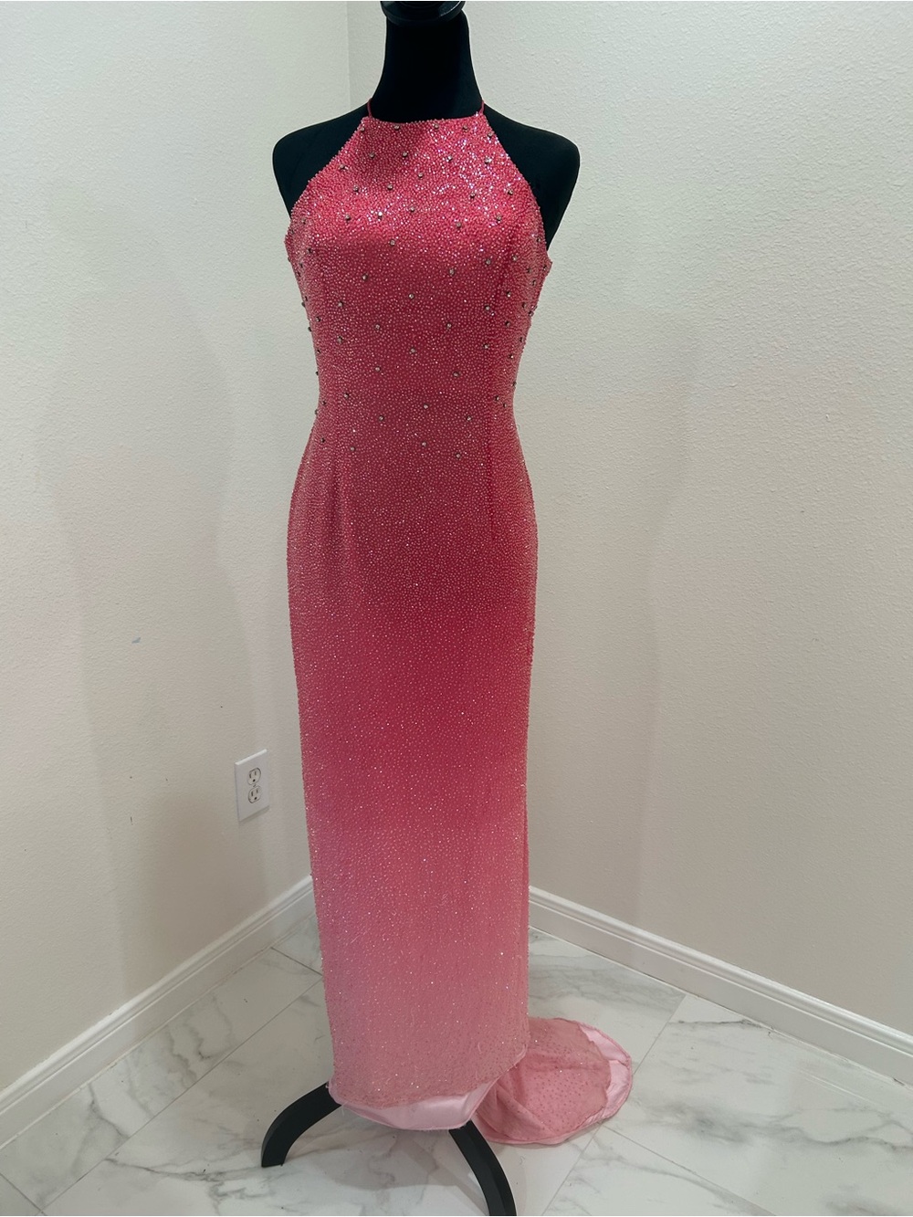 Alyce Designs Vintage Dress Ombré Heavily Beaded Halter Top Evening Gown, Sz 8
